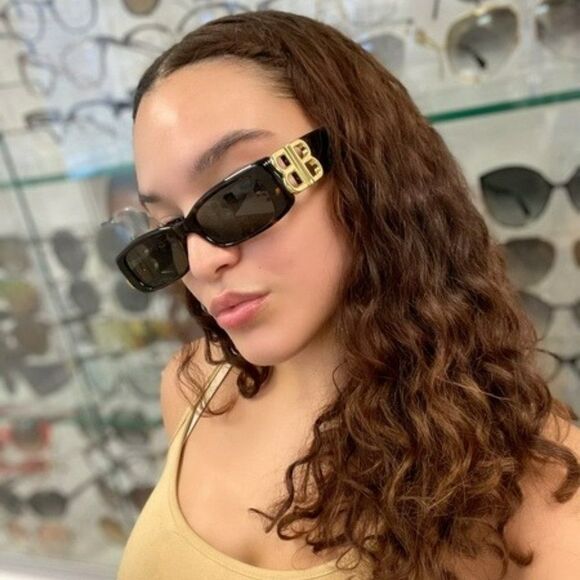 NEW BalenciagaBB0096S 002 Havana Gold Logo Green Square Unisex Sunglasses